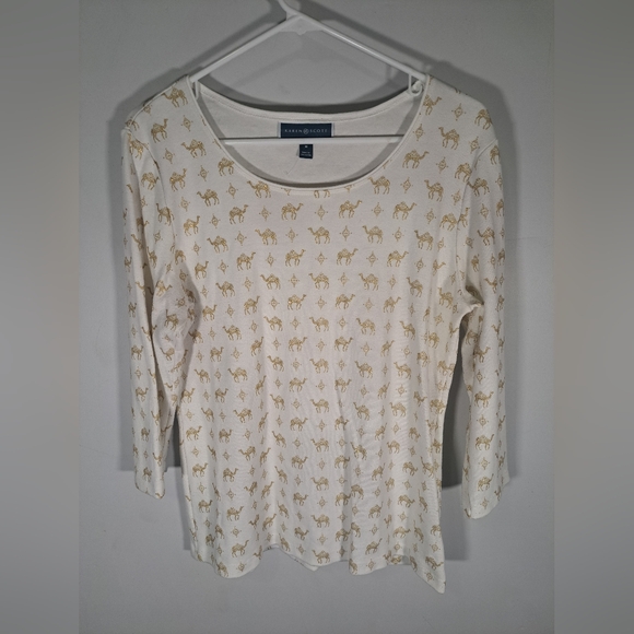 Karen Scott white with Gold Camels Crewneck 3/4 Sleeve Shirt Size Medium - Picture 2 of 6